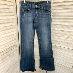 Bu from Malibu Retro Faded Blue Gray Medium Wash Low Rise Flare Leg Jeans 26